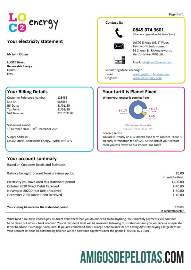 Para baixar modelo de fatura de serviços públicos de energia LoCO2 do Reino Unido em formato Word e PDF